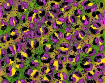 May include: A seamless pattern featuring a leopard print design in shades of purple, yellow, and green. The background is a glittery green with purple and yellow spots.