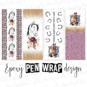 Könnte beinhalten: Vier digitale Designs mit Pferden, Hufeisen und Leopardenmustern. Die Designs sind für Epoxid-Stiftverpackungen gedacht. Der Text "Just a girl who loves horses" ist in einem der Designs enthalten.
