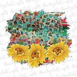 Sunflower background PNG download Western grunge frame sublimation design Serape leopard turquoise printable transfer