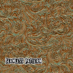 Può includere: Motivo senza cuciture con un design in pelle goffrata marrone e turchese. Il motivo è intricato e dettagliato, con un motivo floreale. Il testo "SEAMLESS PATTERN" è visibile nella parte inferiore centrale dell'immagine.