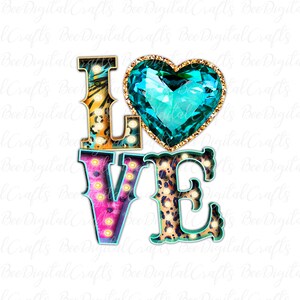 Puede incluir: Un dise&ntilde;o gr&aacute;fico colorido de la palabra "LOVE" con un gran coraz&oacute;n turquesa en el centro. Las letras est&aacute;n delineadas en turquesa y tienen un patr&oacute;n de estampado de leopardo con bombillas doradas.