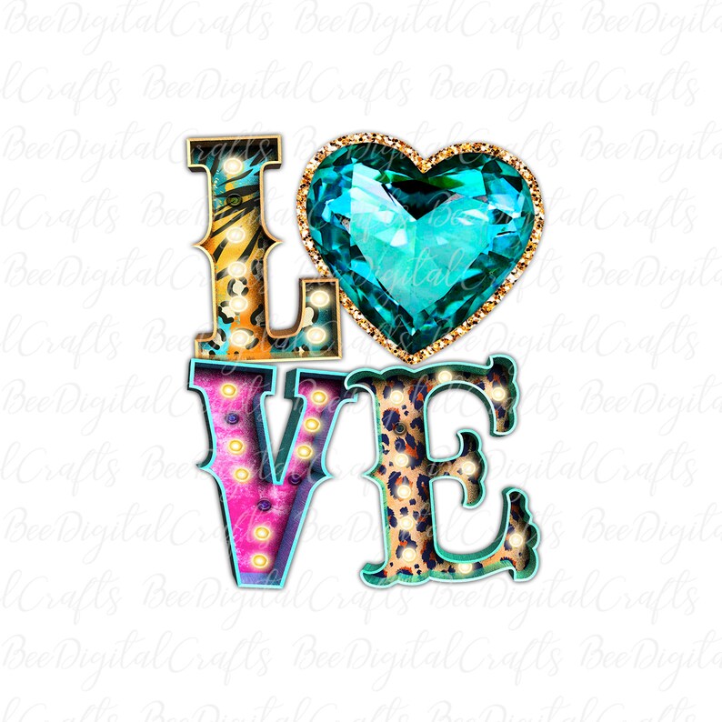 Puede incluir: Un dise&ntilde;o gr&aacute;fico colorido de la palabra "LOVE" con un gran coraz&oacute;n turquesa en el centro. Las letras est&aacute;n delineadas en turquesa y tienen un patr&oacute;n de estampado de leopardo con bombillas doradas.