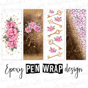 Könnte beinhalten: Vier digitale Designs für Stiftverpackungen mit einem rosafarbenen Blumenmuster, goldenem Glitzer und Schlüsseln. Der Text "Epoxy PEN WRAP design" befindet sich am unteren Rand des Bildes.
