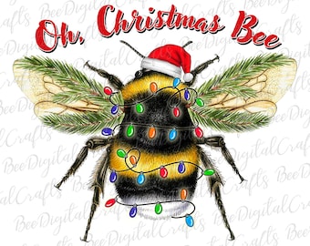 Oh Christmas Bee PNG download Watercolor holiday bee with Santa hat and lighting sublimation design Printable transfer