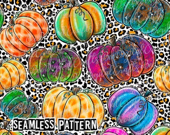 SEAMLESS pattern watercolor pumpkin Colorful leopard fall digital fabric design Hand drawn printable PNG paper download