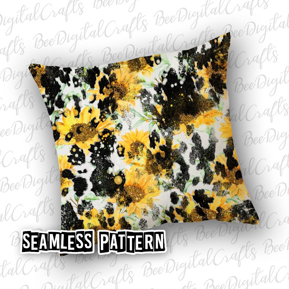 SEAMLESS Pattern Cowhide and Sunflower Western Digital Fabric Design ...
