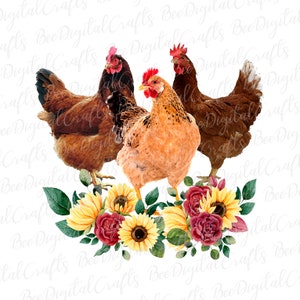 Chicken with flower sublimation design Farm animal in sunflower PNG download Hens PNG design