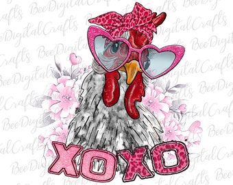 Valentine chicken with glasses and bandana PNG download Xo xo farm animal sublimation design Watercolor love chicken printable transfer