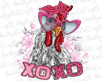 Valentine poulet avec lunettes et bandana PNG télécharger Xo xo farm animal sublimation design Aquarelle amour poulet imprimable transfert