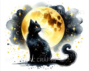 May include: A black cat with a starry, galaxy-like pattern sits in front of a large, golden moon. The moon is surrounded by a watercolor-like cloud of black and gold, with stars scattered throughout.