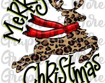 May include: A festive graphic featuring a reindeer with a leopard print coat and a red plaid scarf. The words "Merry Christmas" are written in a playful font, outlined in green, creating a cheerful holiday design.