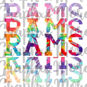 May include: The word "RAMS" is written in large, colorful letters with a tie-dye pattern. The letters are stacked on top of each other, with the "R" at the top and the "S" at the bottom.