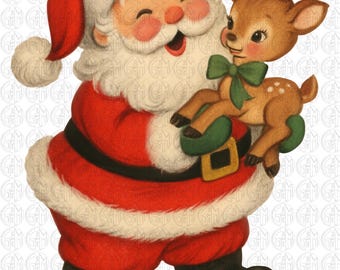 Vintage Santa with Reindeer PNG | Sublimation Design | Hand Drawn