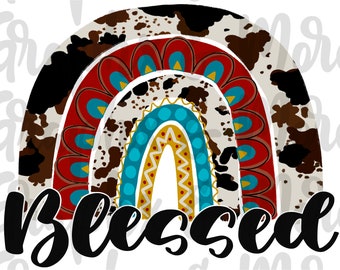Blessed Cow Print Rainbow PNG | Hand Drawn | Sublimation Design