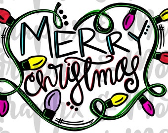 Merry Christmas with Lights PNG | Hand Drawn | Sublimation Design