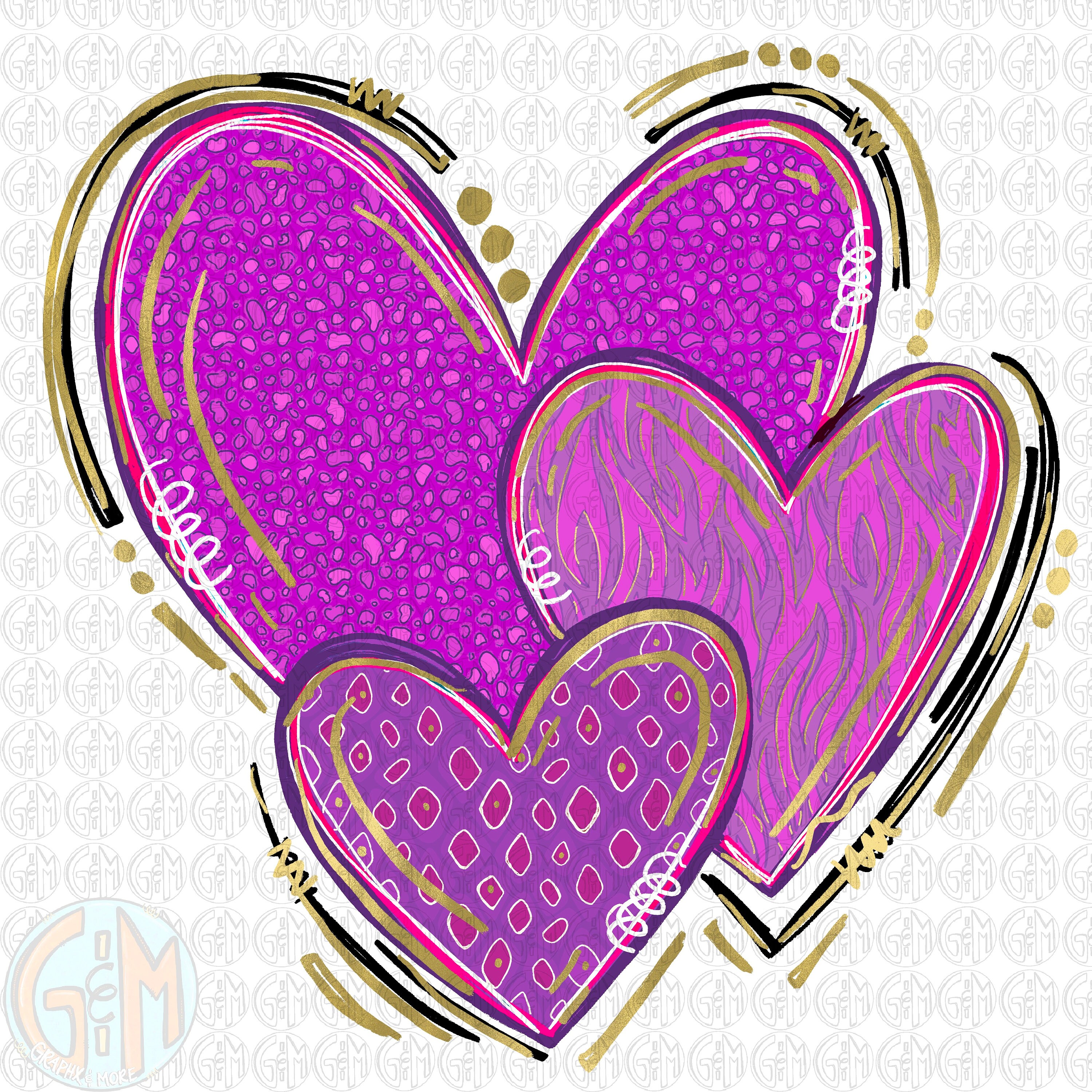 Purple Heart Trio PNG | Hand Drawn | Sublimation Design - Etsy