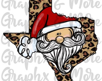 TX Leopard Santa PNG | Texas | 2 Variations | Sublimation Design | Hand Drawn