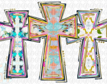 May include: Three colorful crosses with a white background. The crosses are outlined in black, pink, and yellow. The center cross is the largest and has a blue, pink, and yellow pattern. The crosses on either side are smaller and have a blue and white pattern and a yellow and white pattern.