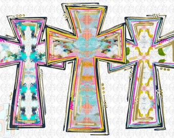 Soft Colors Cross Trio PNG | Hand Drawn | Sublimation Design