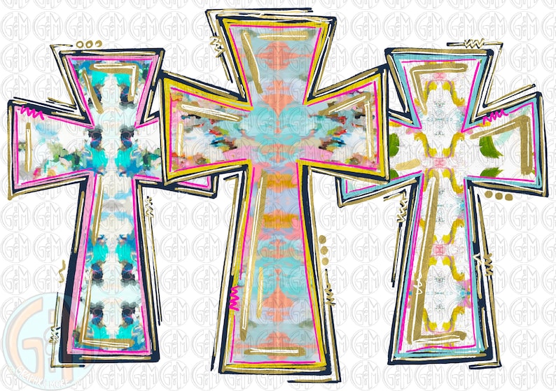 Soft Colors Cross Trio PNG Hand Drawn Sublimation Design image 1