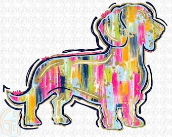 May include: A colorful abstract dachshund silhouette with a blue, pink, yellow, and green paint splatter design.