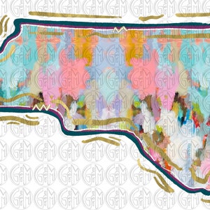 May include: A colorful abstract design of the state of North Carolina. The design features a variety of colors, including pink, blue, green, and gold. The outline of the state is in dark blue and gold.