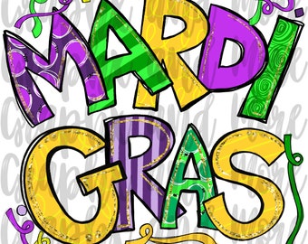 May include: A colorful Mardi Gras design with the words "Mardi Gras" in large, stylized letters. The letters are yellow, green, and purple with gold glitter accents and various patterns. Confetti and streamers in matching colors surround the text.