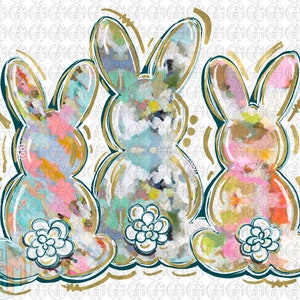May include: Three pastel-colored Easter bunnies with gold accents and white flowers. The bunnies are painted in a watercolor style with a variety of colors, including pink, blue, green, and yellow.