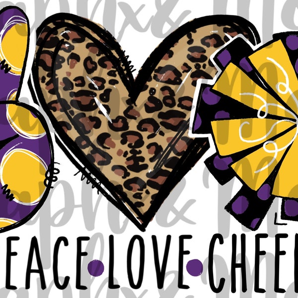Peace. Love. Cheer PNG | purple/athletic gold | Sublimation Design | Hand Drawn