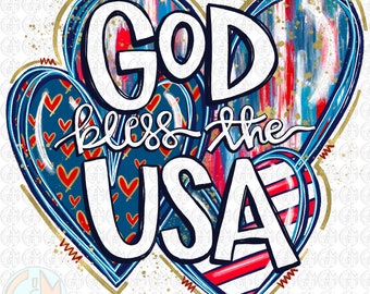 God Bless the USA Hearts  PNG | Hand Drawn | Sublimation Design