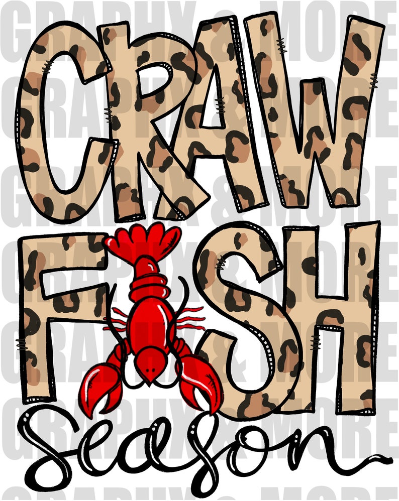 Pu&ograve; includere: Una grafica con stampa leopardata marrone e nera con il testo "Crawfish Season" e un'illustrazione di gambero rosso.