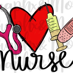 May include: A red heart with stitches, a stethoscope, a syringe, and a bandage with the word "Nurse" in black cursive writing.