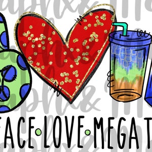 May include: Peace, love, and megatea! A green peace sign with blue polka dots, a red heart with gold glitter, and two colorful boba tea drinks with straws.
