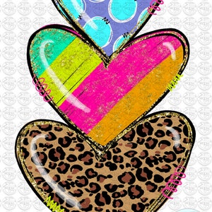 May include: Three stacked hearts with different patterns. The top heart is blue with white polka dots, the middle heart is pink, yellow, and orange striped, and the bottom heart is brown with a leopard print.