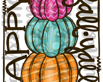 May include: A stack of three pumpkins with different patterns. The bottom pumpkin is orange with brown stripes, the middle pumpkin is teal with gold polka dots, and the top pumpkin is pink with white zigzags. The text "Happy Fall, y'all" is written in brown on the right side of the image.