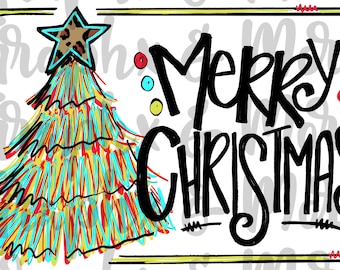 Merry Christmas Messy Tree PNG | Hand Drawn | Sublimation Design