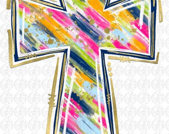 May include: A colorful cross with a gold outline and a blue, pink, yellow, and green paint design. The cross is on a white background.