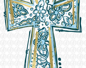 Blue and White Cross PNG | Hand Drawn | Sublimation Design