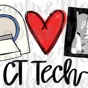 Puede incluir: Una ilustración en blanco y negro de una máquina de tomografía computarizada, un corazón rojo y una imagen de rayos X en blanco y negro. El texto "CT Tech" está escrito en negro debajo de las imágenes.