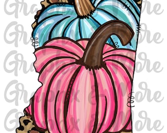 May include: A pink and blue pumpkin design on a leopard print background. The pumpkins are stacked on top of each other and have brown stems. The design is perfect for fall crafts and decorations.