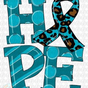 HOPE Awareness Ribbon PNG | Teal | Sublimation Design | Hand Drawn