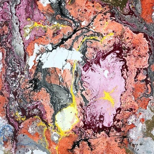 May include: Abstract painting with swirling patterns in shades of pink, orange, yellow, black, and gray.