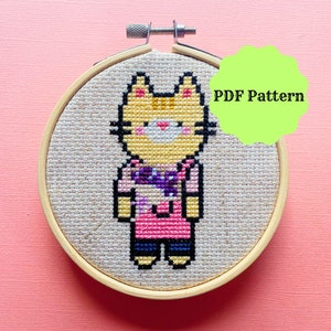 Cute Cat Florist PDF Cross Stitch Pattern, Kawaii Orange Cat Cross Stitch Embroidery Pattern For Beginners, Summer Spring Cross Stitch Art