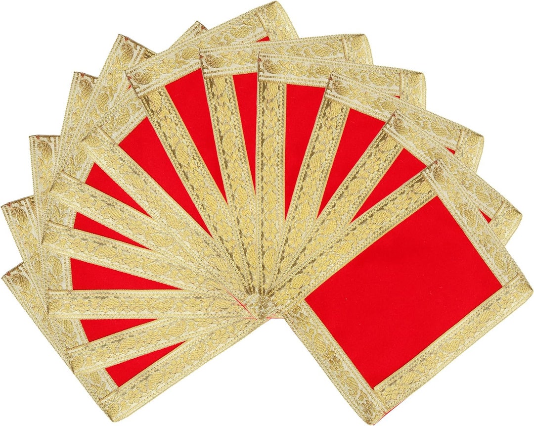 Set Di 5 Tappetini Decorativi Pooja Aasan In Velluto Giallo Con Bordo Dorato, Dimensioni 25x18 Cm, Per Rituali Indiani, Festival, Decorazioni Religiose E Tempio Domestico