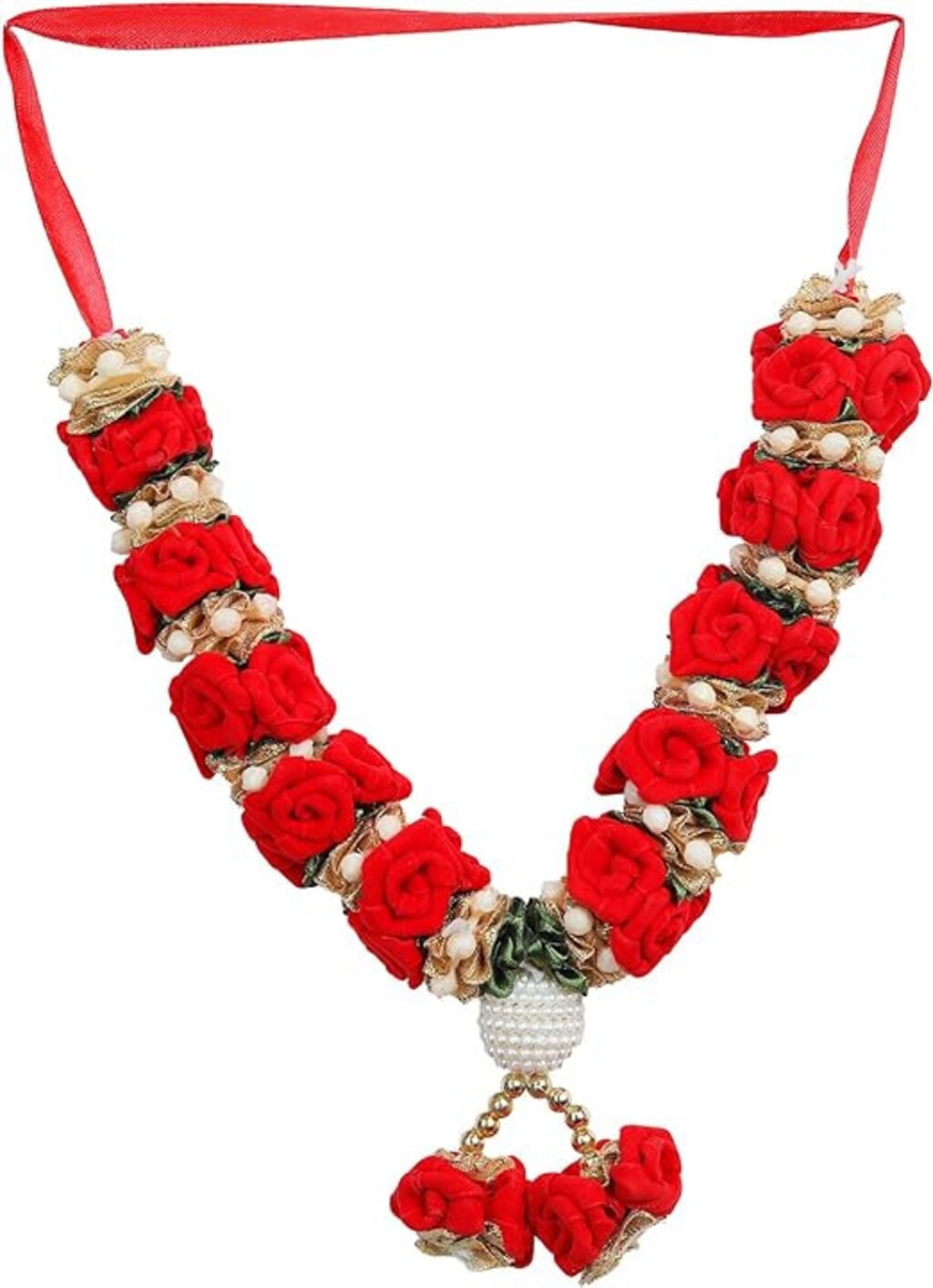Set Di 4 Ghirlande Artificiali Mala Per Decorazione Pooja - Nastri Rossi/Orange E Perle Bianche - Arancio