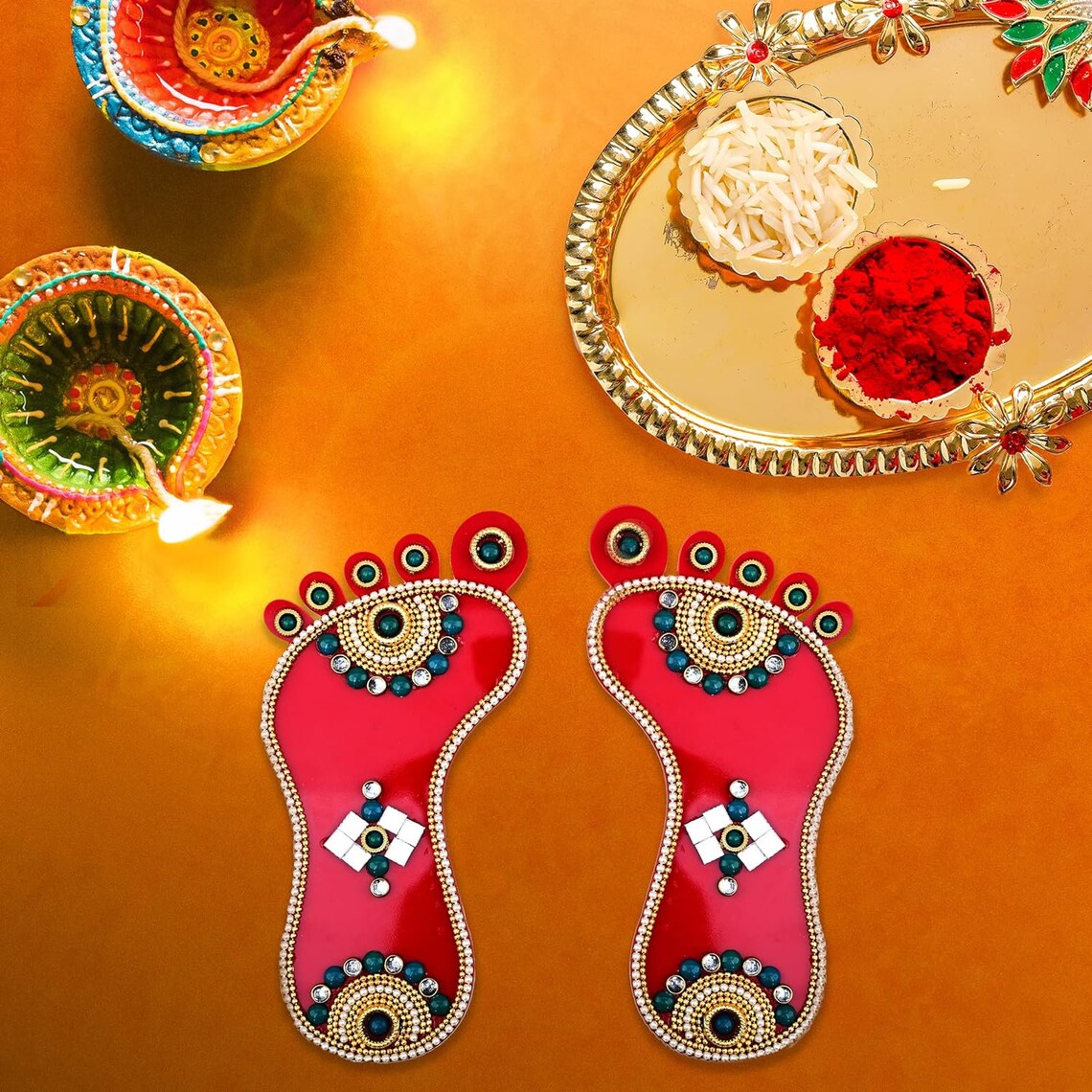 Red Laxmi Charan Paduka Feet Pagla Floor Rangoli Decoration for Door ...