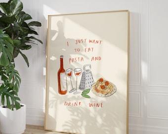 Digital Download East Pasta and Drink Wine Wall Art | Food and Drink Illustration | Wine Poster | Pasta Wall Art | Aesthetic Trendy Wall Art