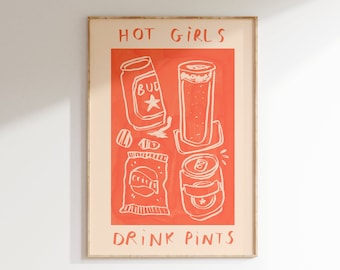 Hot Girls Drink Pints Wall Print | Beer Illustration | Drinks Poster | Beer Wall Art | Bar Art Idea | Gifts For Girls
