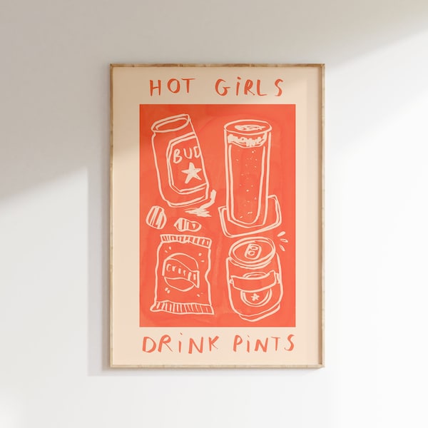 Hot Girls Drink Pints Wall Print | Beer Illustration | Drinks Poster | Beer Wall Art | Bar Art Idea | Gifts For Girls