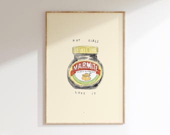 Hot Girls Love It Marmite Wall Print | Marmite Vegemite Illustration | Food Poster | Gifts For Girls | Foodie Gift Idea | Toast Lover